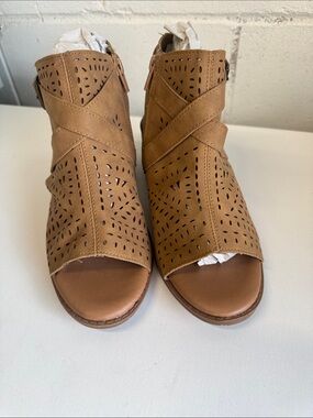 MIA Tan Perforated Open-Toe Ankle Booties with Cross-Strap Detail